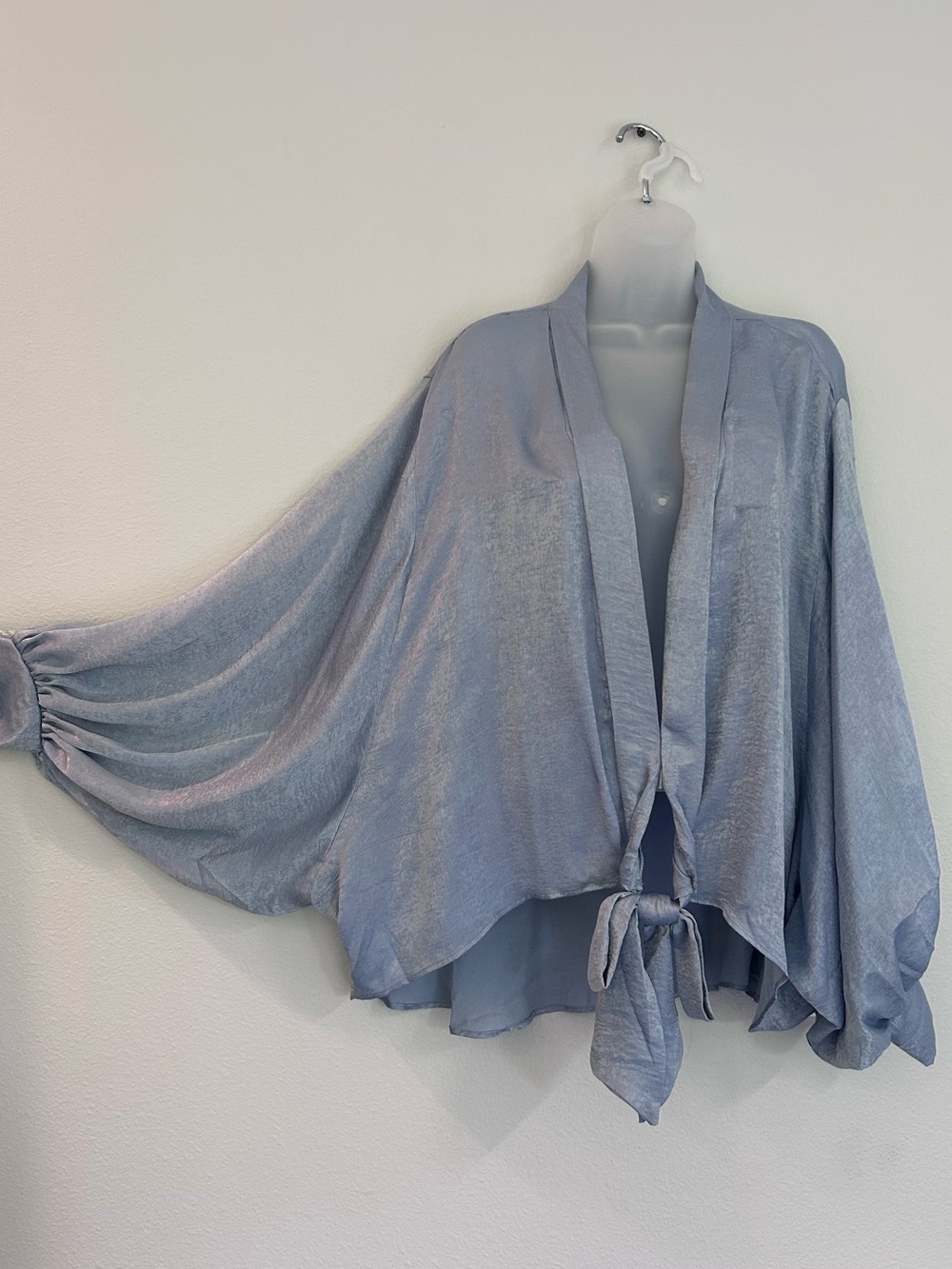 1886 silky tie-front blousy jacket shimmery slate color XL